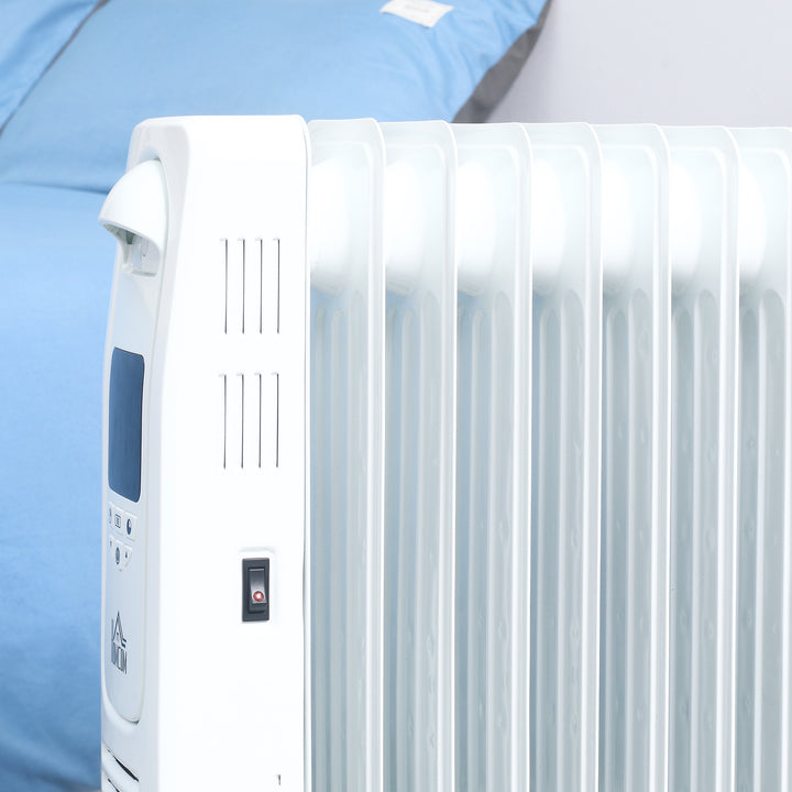 2000W Digital Oil Filled Radiator, 9 Fin, Portable Electric Heater with LED Display, Timer, 3 Heat Settings, Safety Cut-Off and Remote Control, White