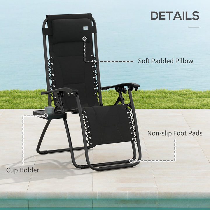 Zero Gravity Lounger Chair Set of 2, Folding Reclining Patio Chair with Padded Seat, Cup Holder, Soft Cushion and Headrest for Poolside, Camping, Black