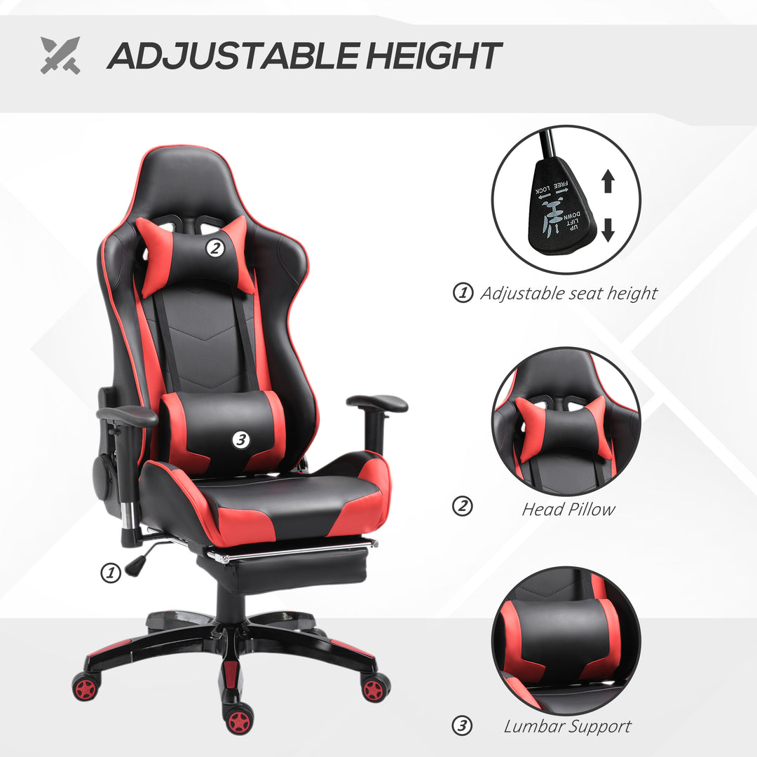 HOMCOM High-Back Gaming Chair Swivel Home Office Computer Racing Gamer Recliner Chair Faux Leather with Footrest, Wheels, Red Black | Aosom UK