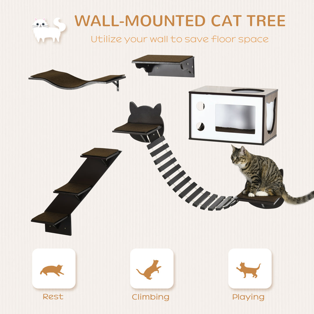 5 Piece Cat Wall Shelves, Wall-Mounted Cat Tree for Indoor Use - Brown