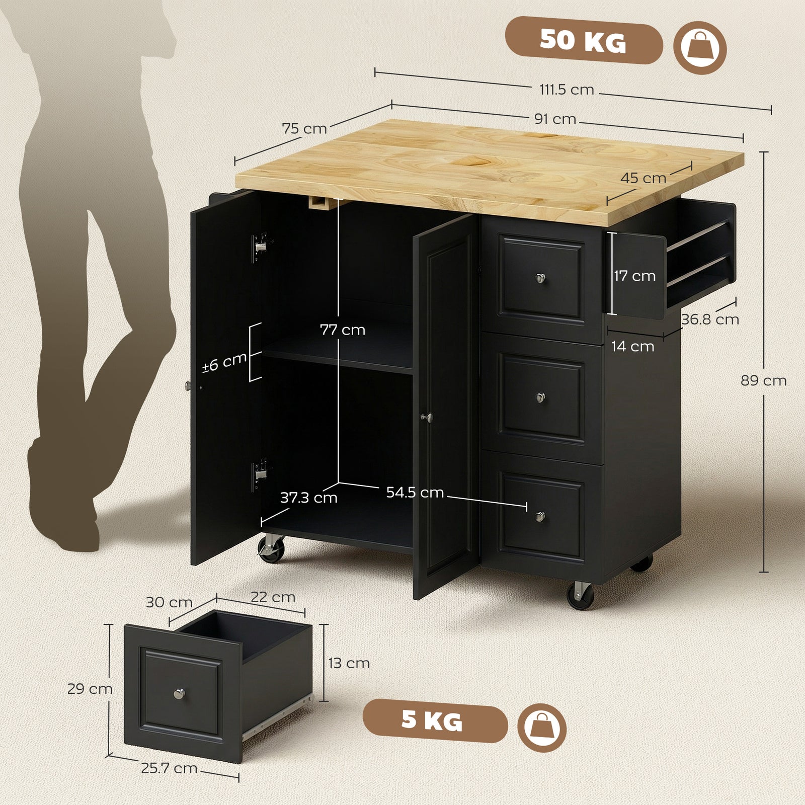 Kitchen Island on Wheels, Rolling Kitchen Storage Trolley with Drop Le