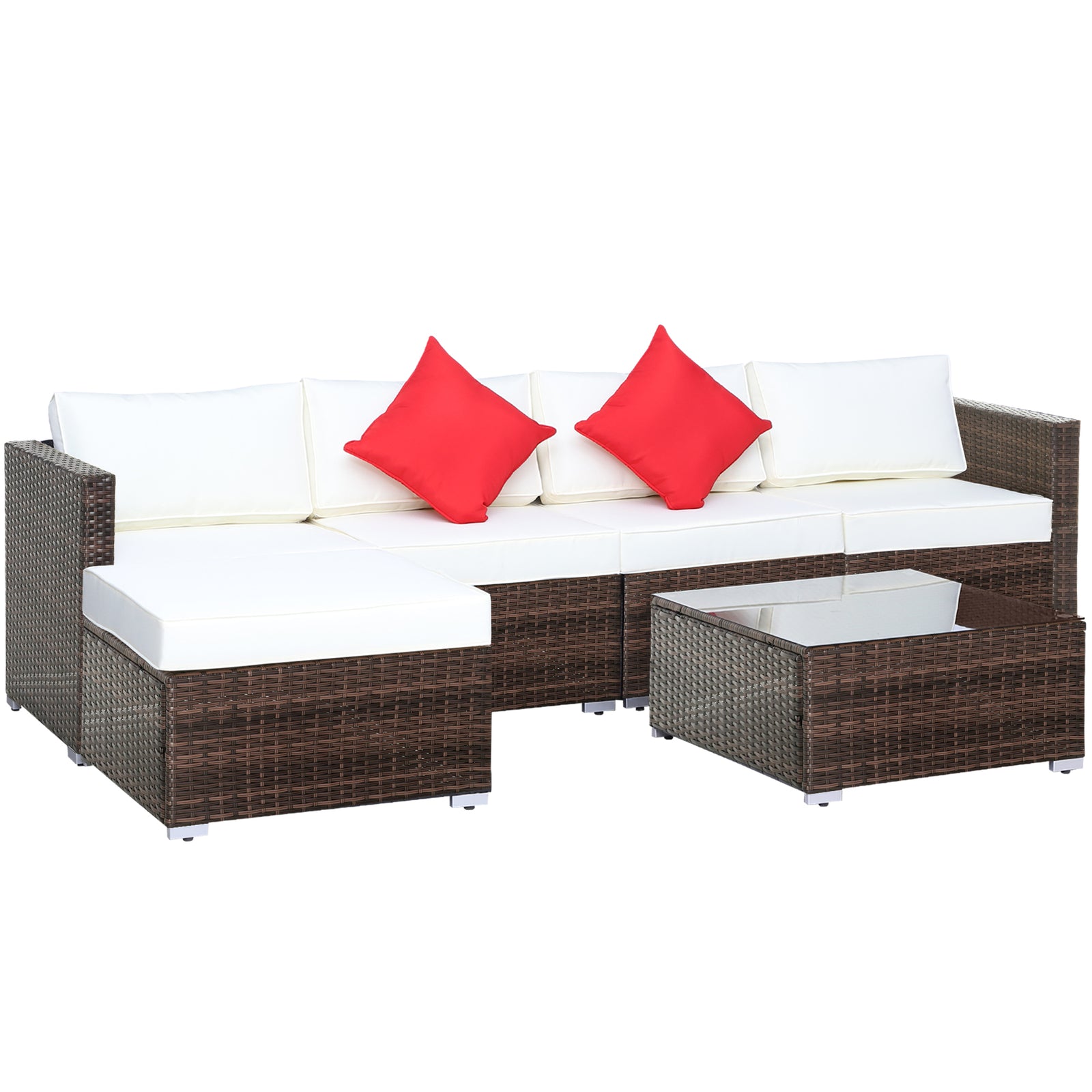 6 Pieces Rattan Garden Furniture Set, 5 Seater Sectional Garden Corner Sofa Set with Glass Top Coffee Table, Cushions and Pillows, All-Weather Wicker Conversation Furniture, Cream White