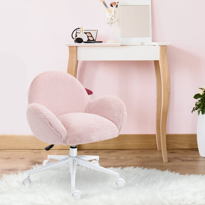 HOMCOM Fluffy Leisure Home Office Chair with Backrest and Armrest, Makeup Chair with Wheels for Bedroom Living Room, Pink | Aosom UK