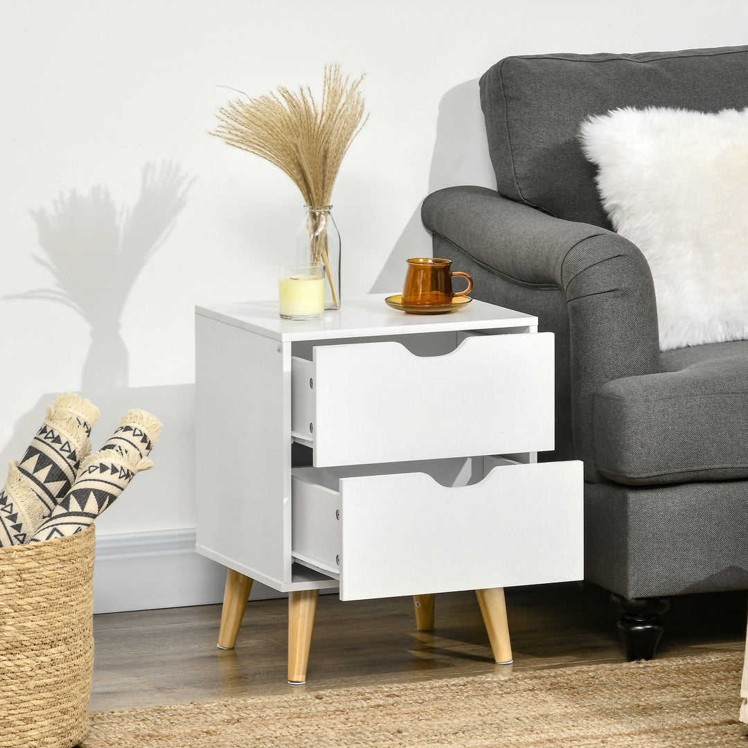 Bedside Table, Bedside Cabinet with 2 Drawers, Side End Table with Pine Wood Legs for Bedroom Living Room, White