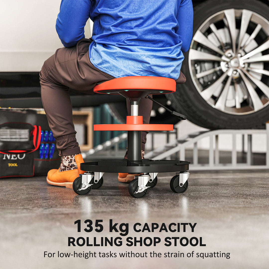 Rolling Mechanic Stool, 135kg Capacity Workshop Stool, 360° Swivel Roller Padded Creeper Seat with Wheels, Tool Trays Storage for Garage, Shop, Auto Repair, Yellow