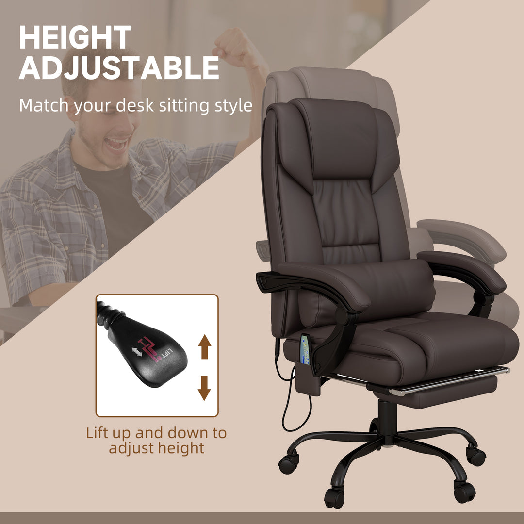 6-Point Massage Office Chair, PU Leather Desk Chair with Adjustable Height and Footrest for Home Office, Brown