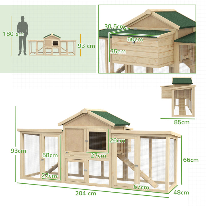 PawHut Large Chicken Coop with Run Backyard Hen House Poultry Coops Cages with Nesting Box Wooden 204 x 85 x 93cm | Aosom UK