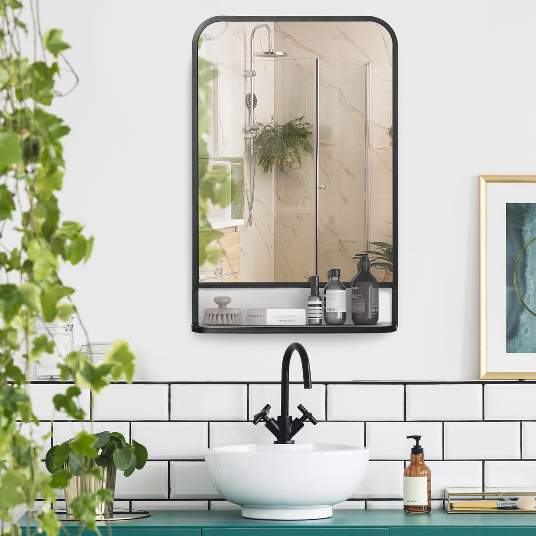 Modern Square Wall Mirror with Storage Shelf, 86 x 53 Mirrors for Living Room, Bedroom, Black