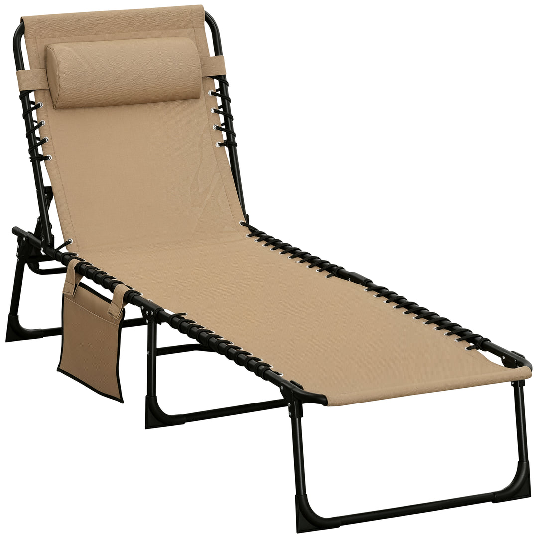 MCL Portable Sun Lounger, Folding Camping Bed Cot, Reclining Lounge Chair 5-position Adjustable Backrest with Side Pocket, Pillow for Patio Garden Beach Pool, Beige