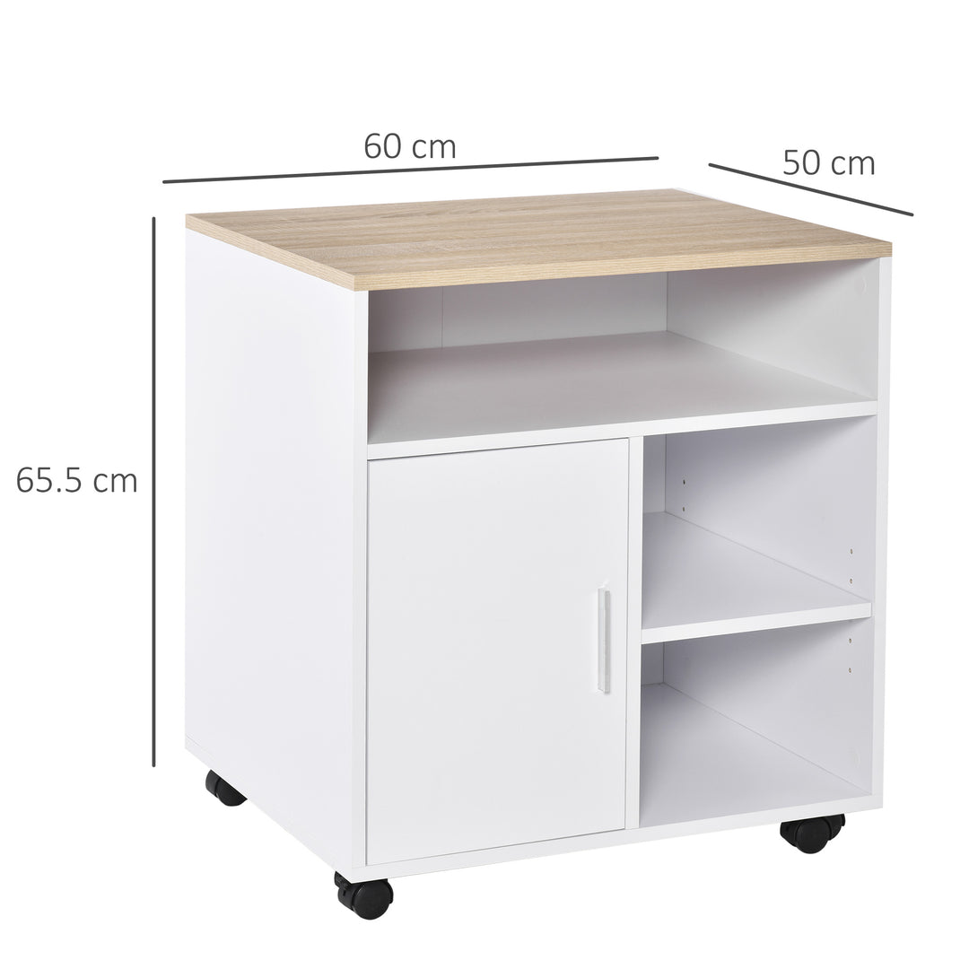 HOMCOM Multi-Storage Printer Stand Unit Office Desk Side Mobile Storage w/ Wheels Modern Style 60L x 50W x 65.5H cm - Oak | Aosom UK