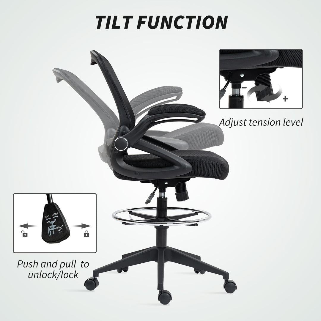 Drafting Chair with Flip-up Armrest, Mesh Office Stool with Foot Ring, 360 Degree Swivel Height Adjustable Chair for Standing Desk, Black