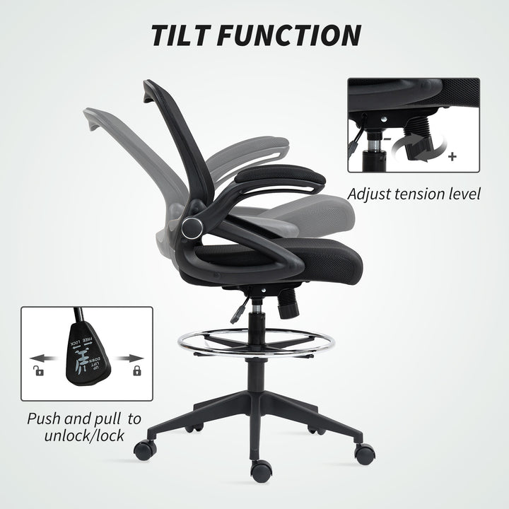 Drafting Chair with Flip-up Armrest, Mesh Office Stool with Foot Ring, 360 Degree Swivel Height Adjustable Chair for Standing Desk, Black