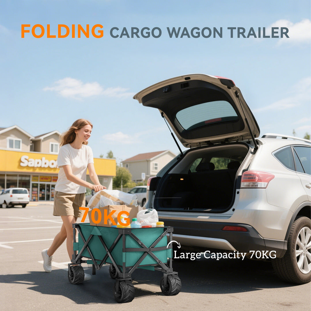 140L Festival Trolley on Wheels, Folding Camping Trolley Cart with Telescopic Handle, Big Wheels for Outdoor Garden Beach Fishing, Green
