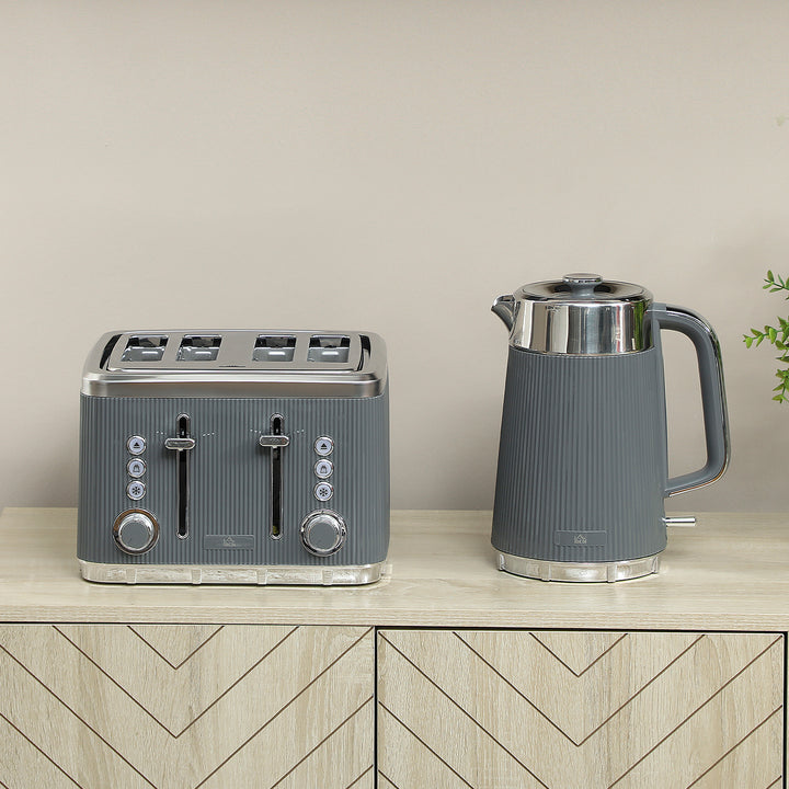 Electric Kettle and Toaster Set, 3000W 1.7L UK Strix Thermostat Rapid Boil Jug Kettle with Limescale Filter, Cool Touch Body, 4 Slice Toaster with 7 Browning Controls, Crumb Tray, Grey