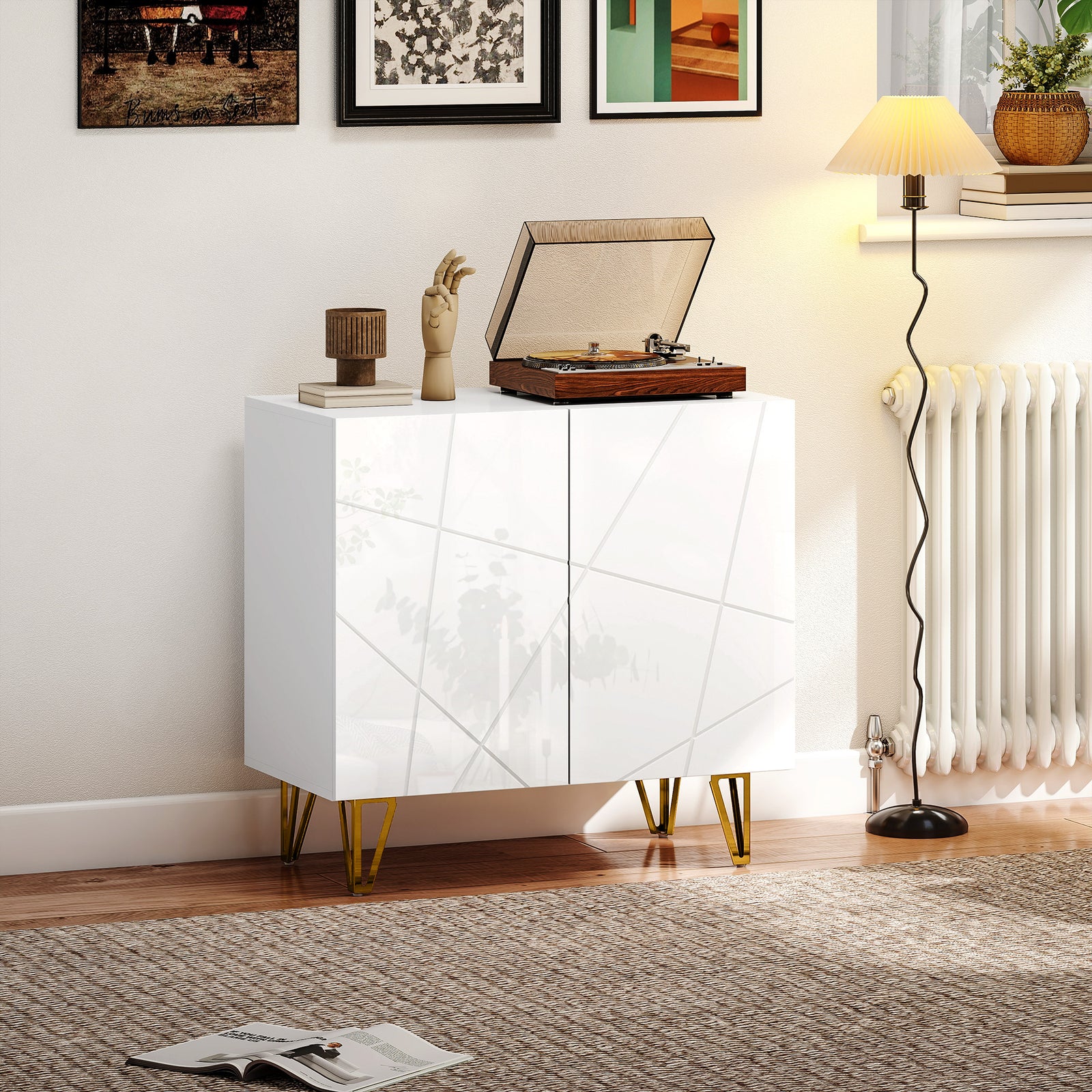 Modern Luxe High Gloss Sideboard, with Hairpin Legs - White