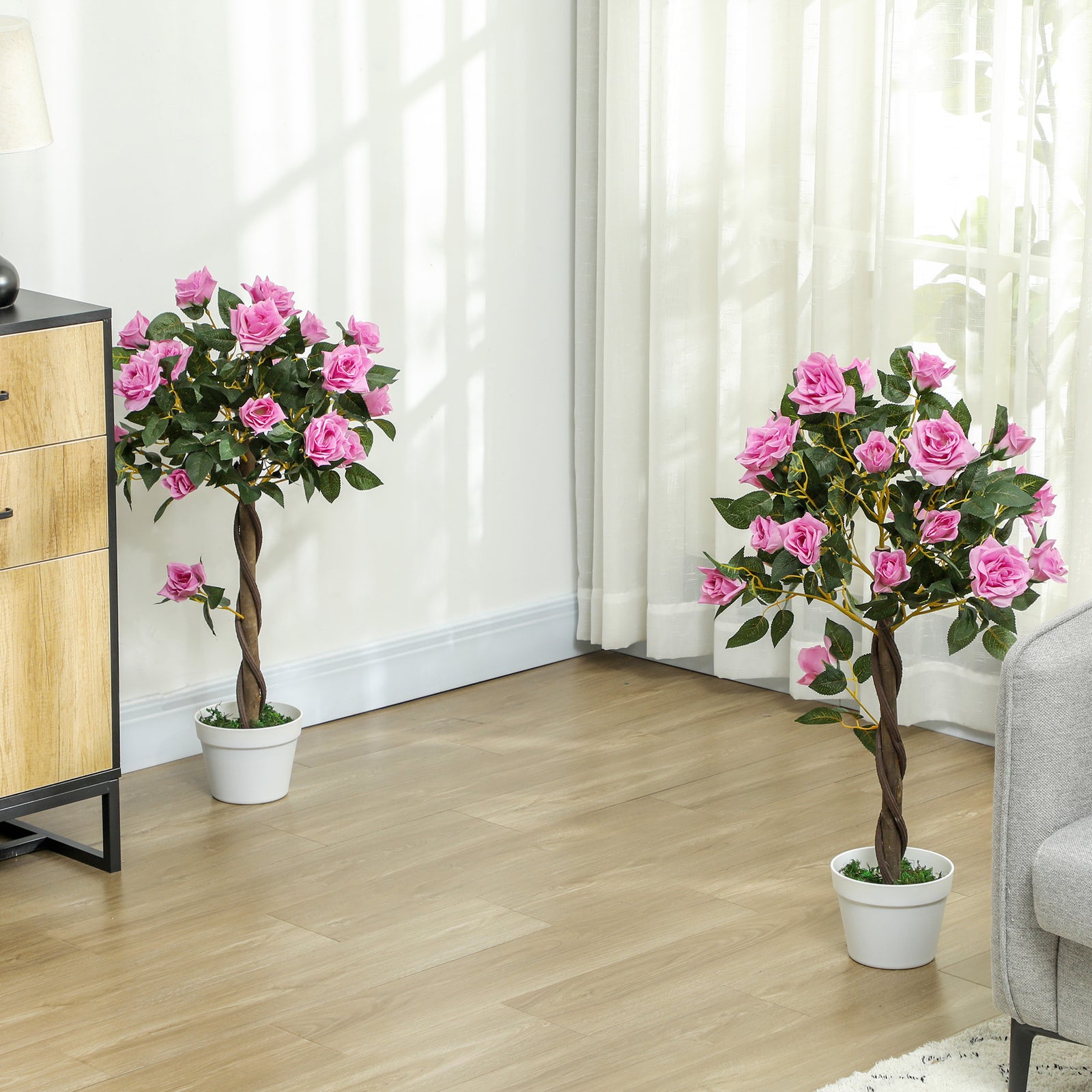 Set of 2 Artificial Plants White Rose Floral in Pot, Fake Plants for Home Indoor Decor, 90cm, Purple