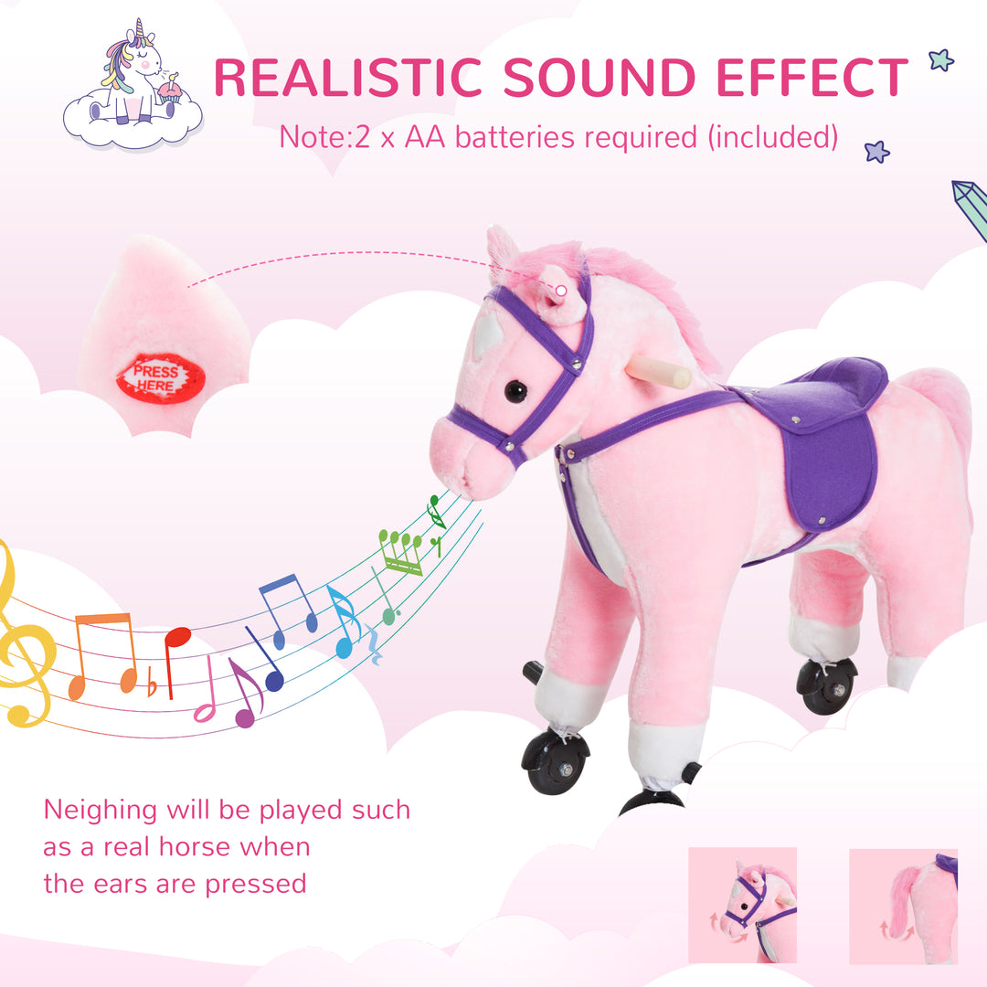 Rocking Horse Kids Ride on Walking Horse Animal Pony Wheeled Riding Plush Toy w/Sound for 2 Years and Up (Pink)