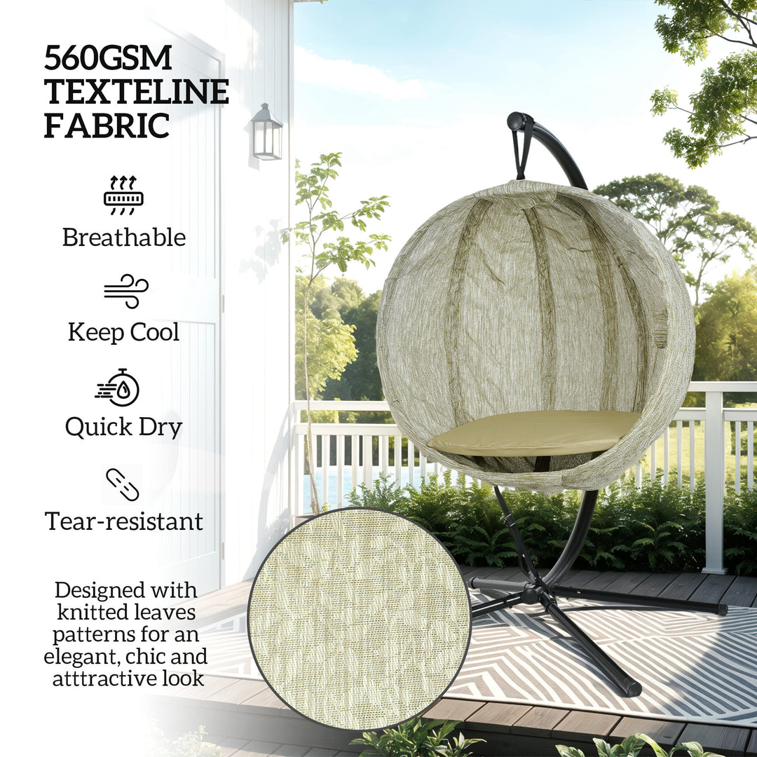 Hanging Egg Chair Outdoor Indoor Garden Swing Chair with Folding Basket, Garden Hanging Chair with Stand, Thickened Cushion, Cup Holder for Patio, Balcony, Khaki