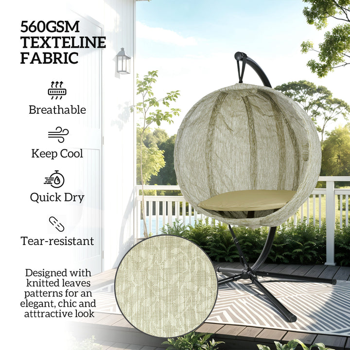 Hanging Egg Chair Outdoor Indoor Garden Swing Chair with Folding Basket, Garden Hanging Chair with Stand, Thickened Cushion, Cup Holder for Patio, Balcony, Khaki