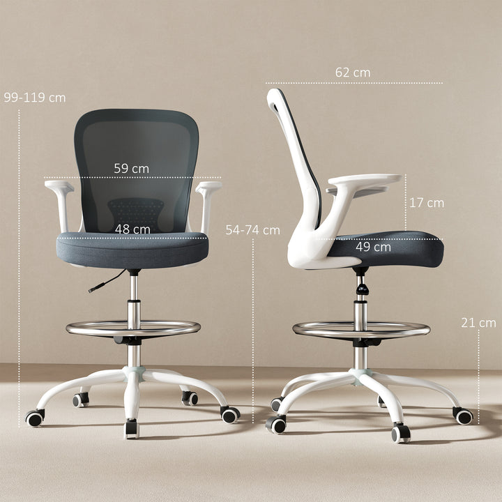 Draughtsman Chair, Mesh Drafting Chair, Ergonomic Office Chair with Flip-up Armrest, Adjustable Foot Ring, Grey