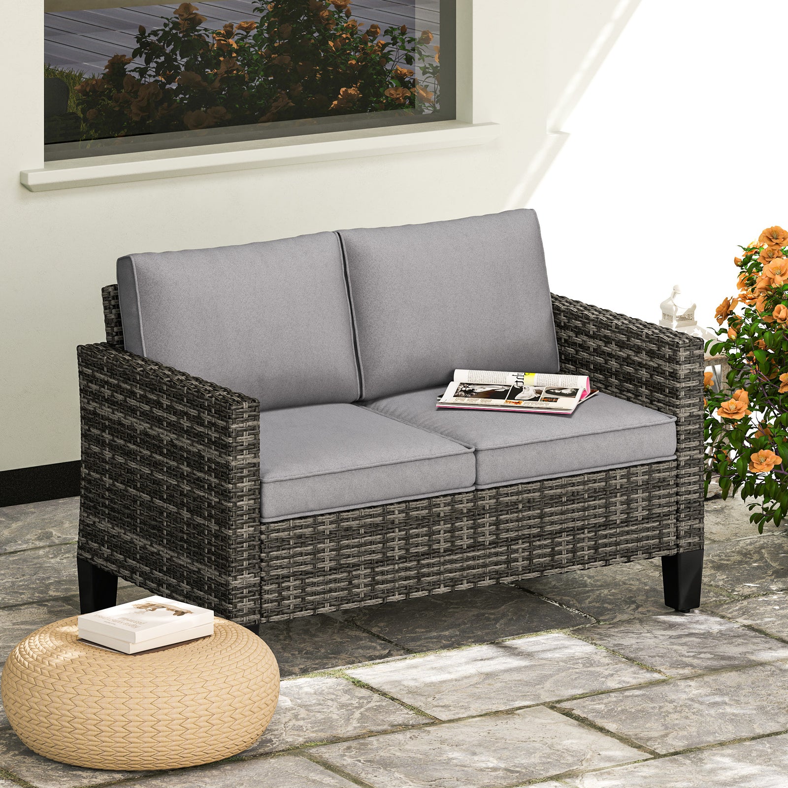 Two-Seater Rattan Outdoor Sofa - Dark Grey