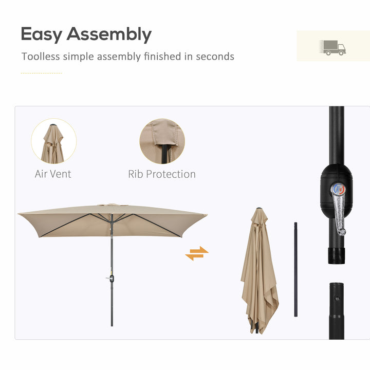 3x2m Patio Parasol Garden Umbrellas Canopy with Aluminium Tilt Crank Rectangular Sun Shade Steel, Khaki