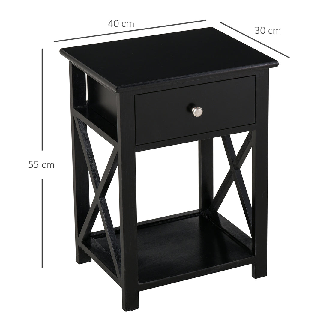 HOMCOM Traditional Accent End Table With 1 Drawer,X Bar Bottom Storage Shelf, for Living Room Bedroom Room 40L x 30W x 55H cm - Black