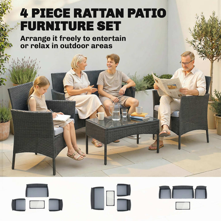 4 Piece Rattan Garden Furniture Sofa Set with Loveseat, Armchairs, Gla