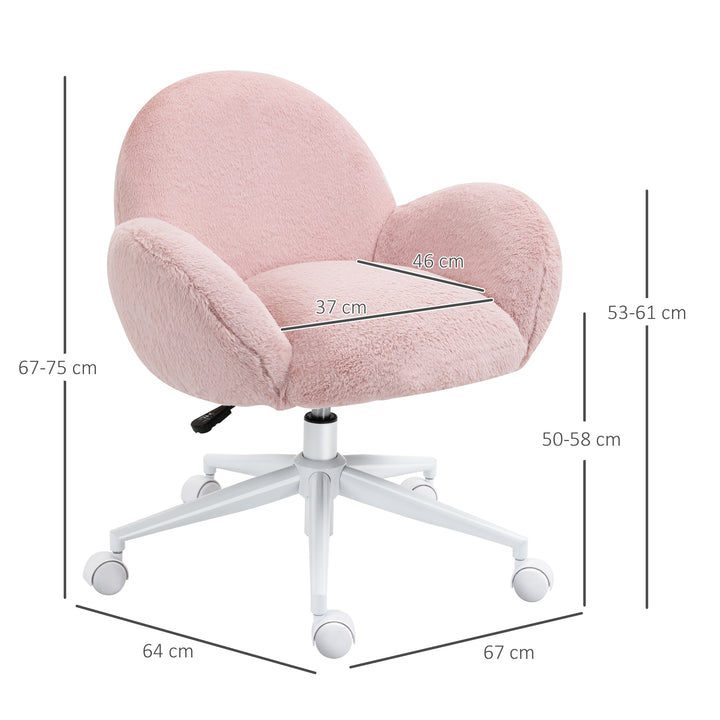 HOMCOM Fluffy Leisure Home Office Chair with Backrest and Armrest, Makeup Chair with Wheels for Bedroom Living Room, Pink | Aosom UK