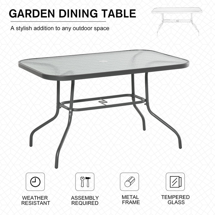 Garden Dining Table Glass Top Metal Frame with Parasol Hole Outdoor Balcony Grey 120L x 80Wcm