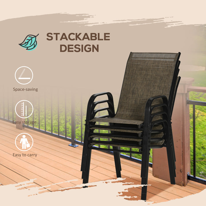 Outsunny 4 Piece Stackable Outdoor Garden Dining Chairs with High Backrest and Armrest, Breathable Mesh Fabric, Mixed Brown
