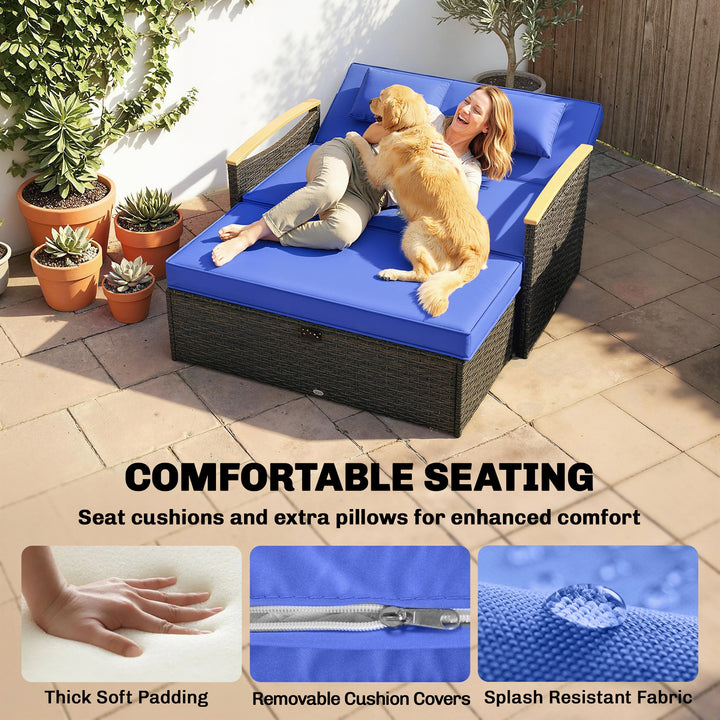 Double Garden Rattan Daybed, Wicker Sun Bed Chaise Lounger with Storag