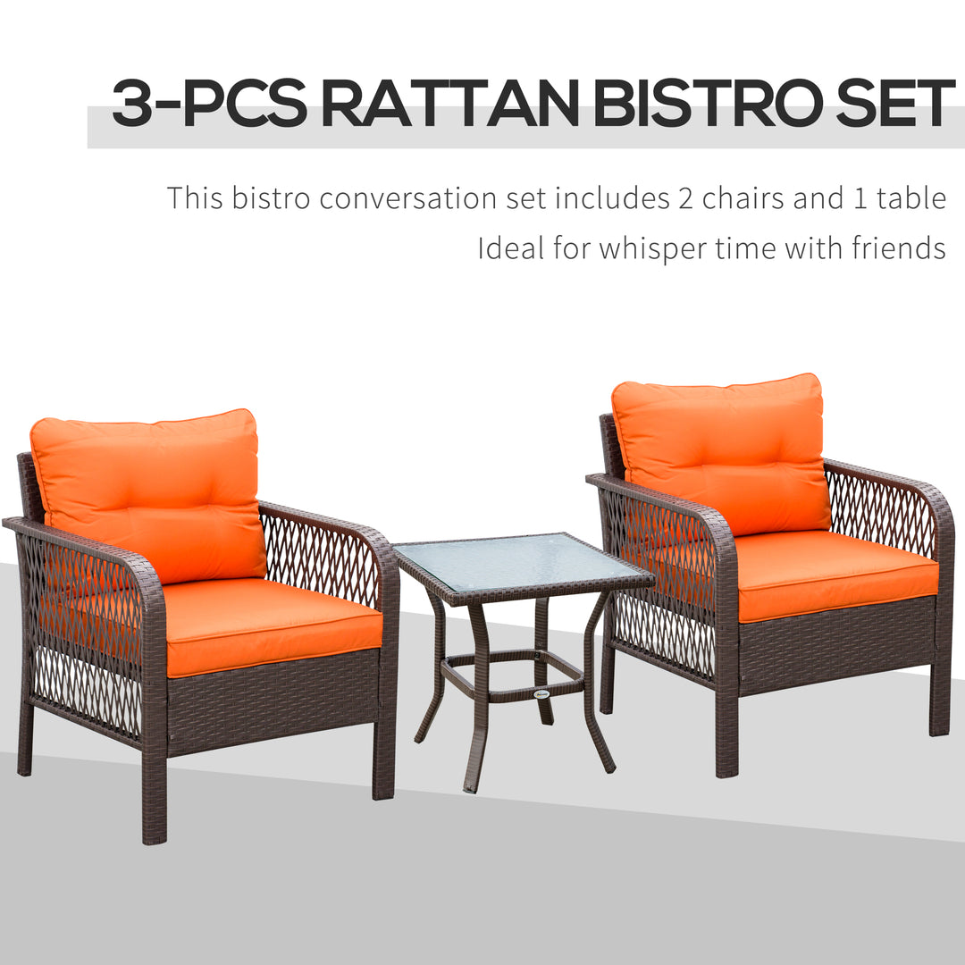 Outsunny 3 Pieces Patio PE Rattan Bistro Set, Outdoor Wicker Coffee Table Armrest Chairs Thick Padded Conversation Furniture for Garden Orange