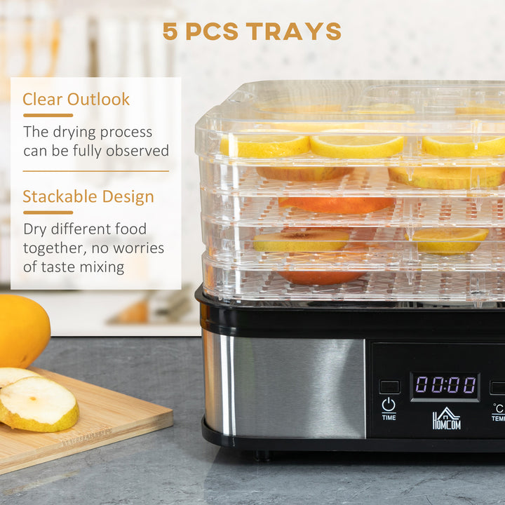 5 Tier Food Dehydrator, 245W Stainless Steel Food Dryer Machine with Adjustable Temperature, Timer and LCD Display for Drying Fruit, Meat, Vegetable, Jerky and Pet Treat, Black