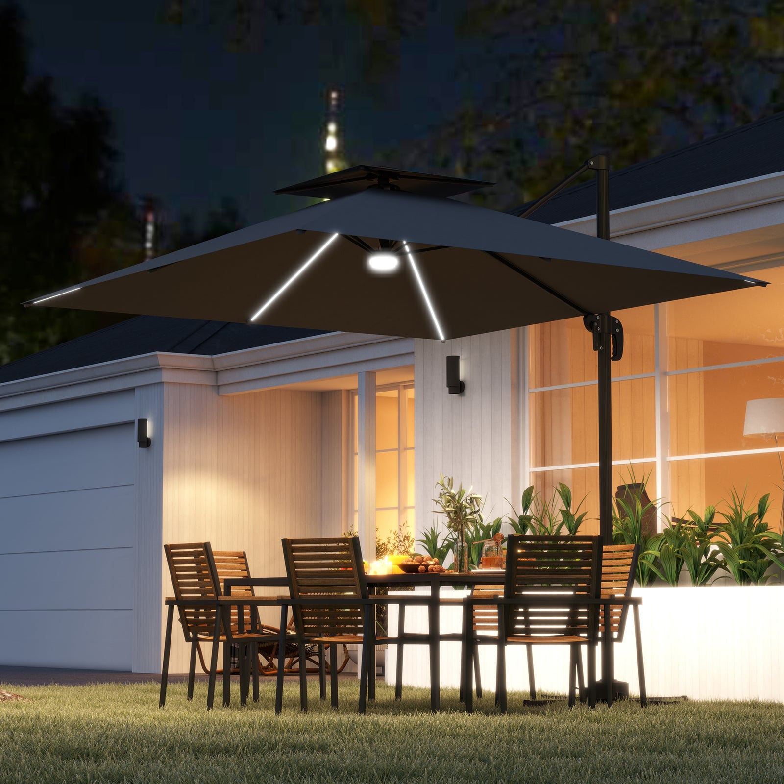 2.5m Cantilever Parasol with Solar Powered LED Lights, 360° Rotation, Tilt Adjustment, Crank Handle, Dark Grey