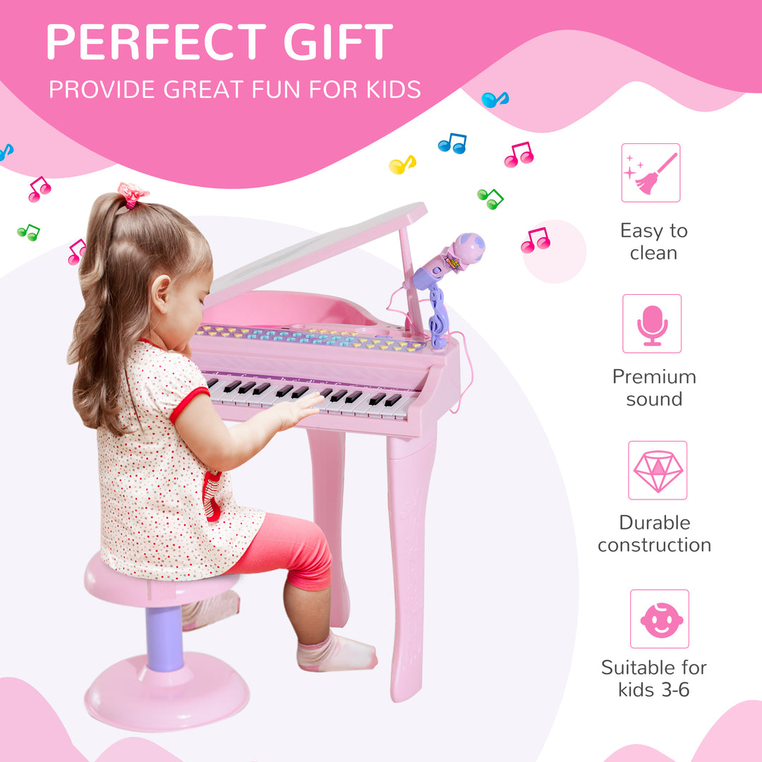 37 Keys Kids Mini Electronic Keyboard Children Grand Piano with Stool Microphone Light Musical Instrument Educational Game Toy Set (Pink)