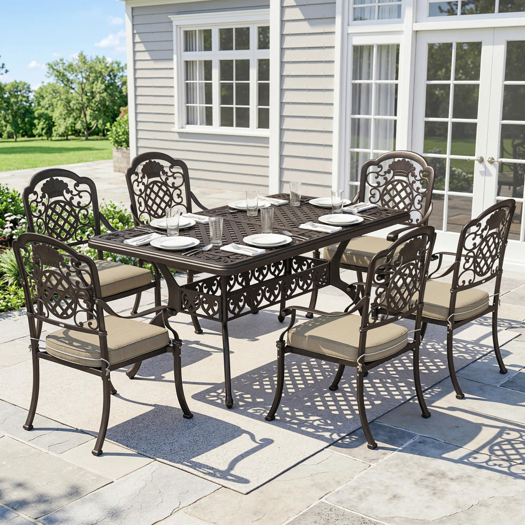 Garden Dining Set for 6, Cast Aluminium Outdoor Table and Chairs Set w