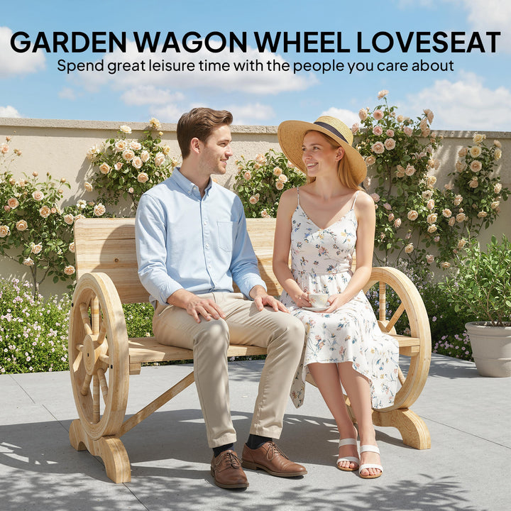 Fir Wood 2-Seater Outdoor Garden Wagon Wheel Bench, Natural Wood Finis