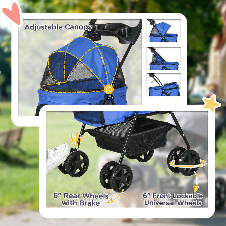 MCL Dog Pram Dog Stroller Foldable Pet Pushchair with 4 Wheels, Safety Leashes, Cup Holder for Small Dogs, Blue
