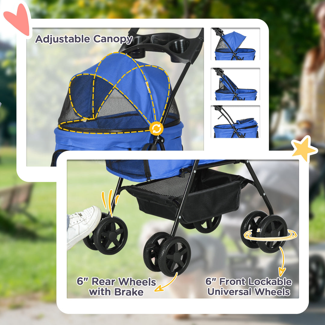 Dog Pram Dog Stroller Foldable Pet Pushchair with 4 Wheels, Safety Leashes, Cup Holder for Small Dogs, Blue