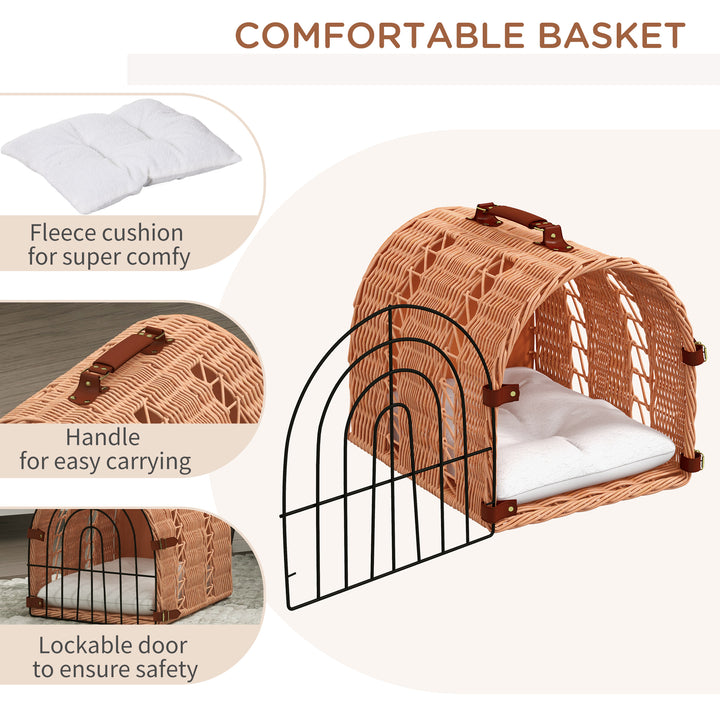 PawHut Rattan Cat Transport Basket, Cosy Kitten Bed with Soft Pillow, Portable Pet Hideaway, 37 x 28 x 29 cm, Orange