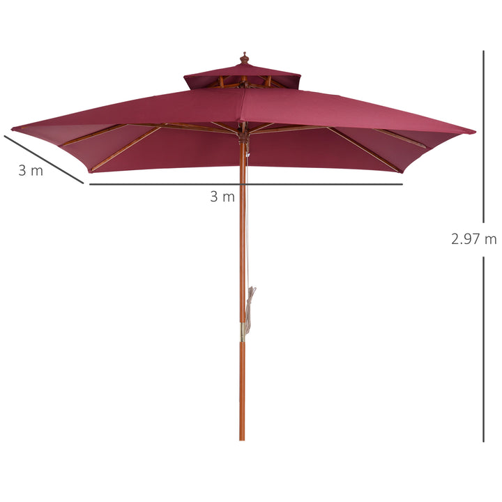 3 x 3(M) Garden Parasol Umbrella Sunshade, Outdoor Wooden Parasol with Double Tier Canopy, Wine Red