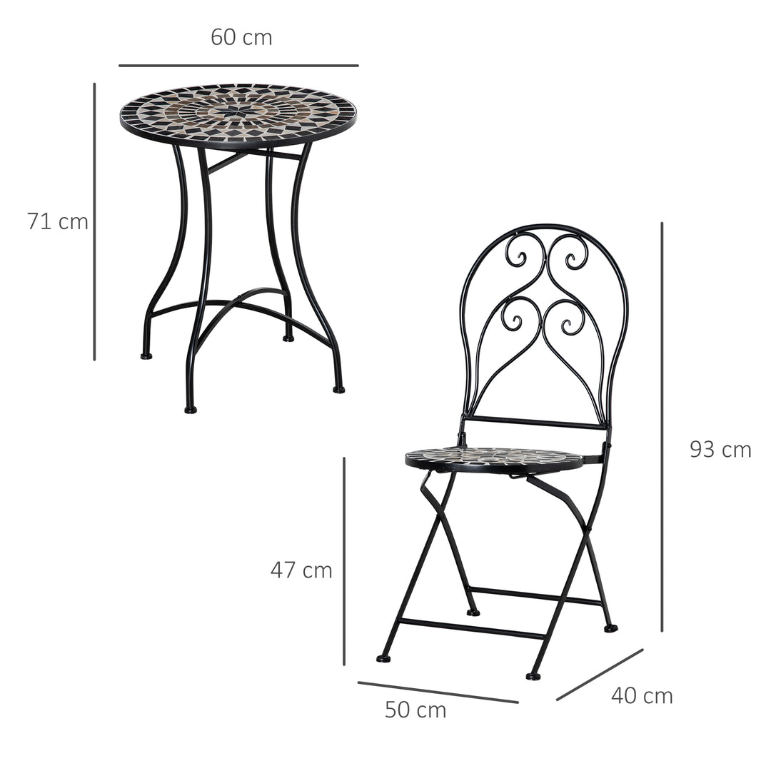 3 Pieces Garden Bistro Set with Coffee Table and 2 Folding Single Chairs, Mosaic Garden Table Top and Seats, Metal Frame, for Patio Balcony, Black