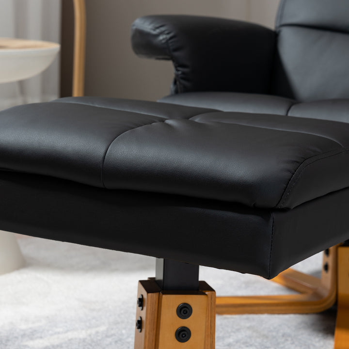 Recliner Armchair, Swivel Reclining Chair With Ottoman, Swivel Faux Leather Chair with Wooden Base and Storage Footstool for Living Room, Black