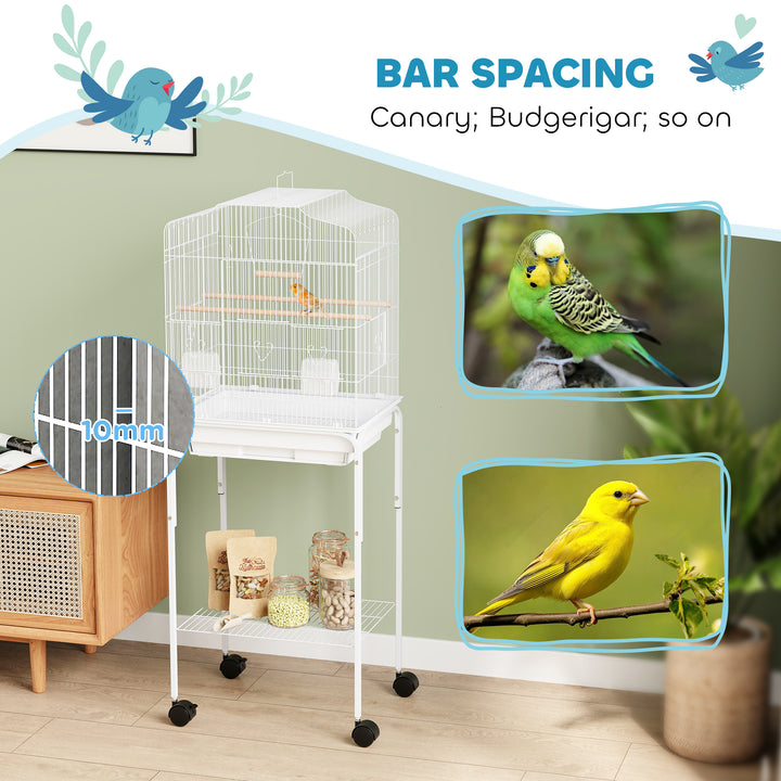 PawHut Bird Cage Budgie Cages for Finch Canary Parakeet with Stand Wheels Slide-out Tray Accessories Storage Shelf, White