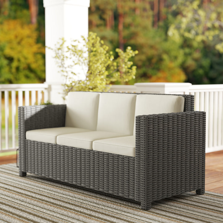 3 Seater Rattan Sofa All-Weather Wicker Weave Metal Frame Chair with Fire Resistant Cushio-Cream