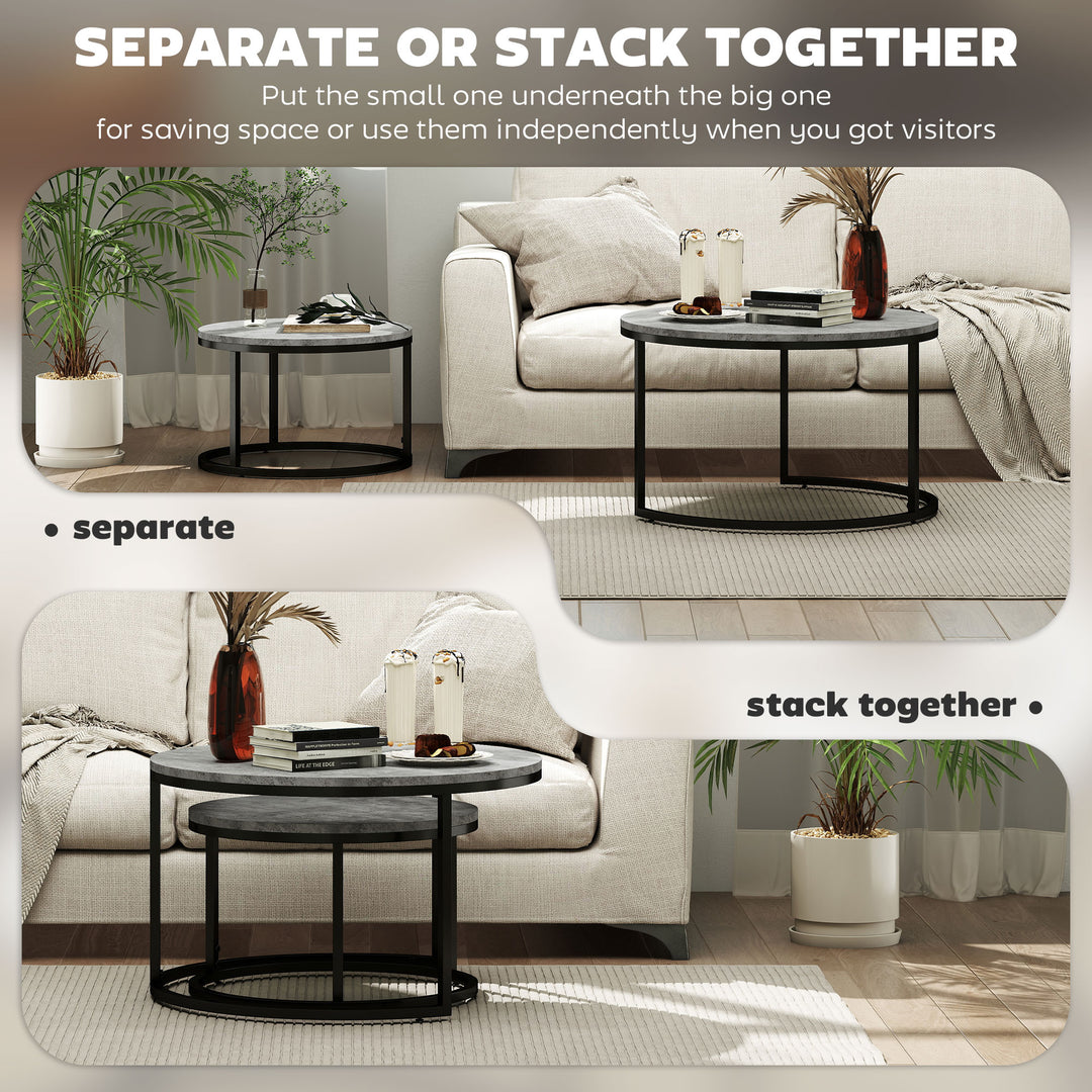 Set of Two Marble-Effect Stacking Tables - Grey/Black