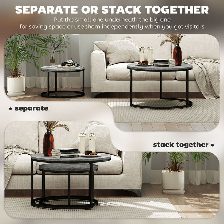 Set of Two Marble-Effect Stacking Tables - Grey/Black