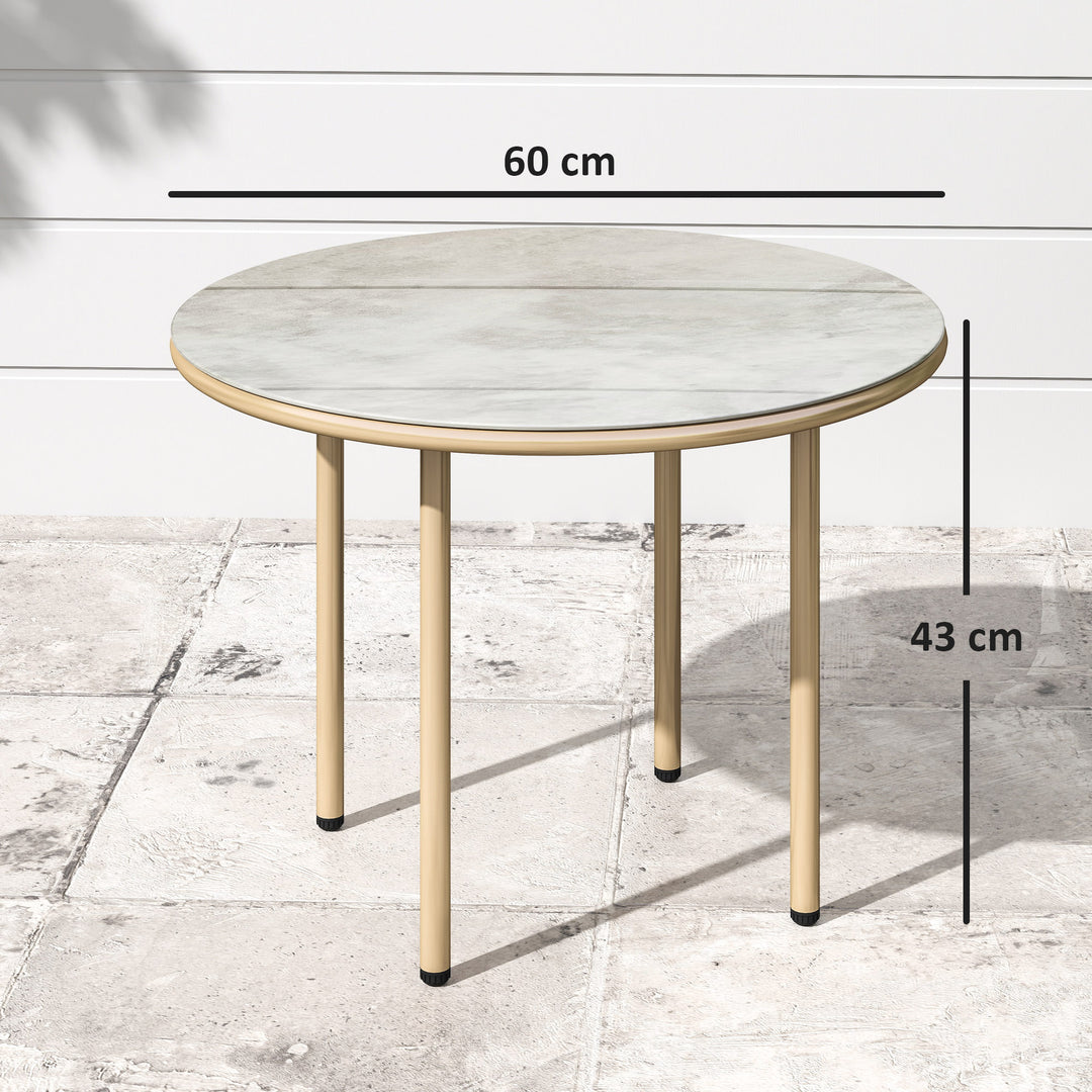 Round Coffee Table, Modern End Side Table with Faux Marble Tempered Glass Top, Steel Frame for Living Room, Bedroom, Office, Beige