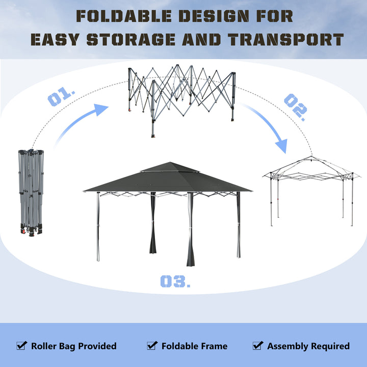 Outsunny 4 x 4m Pop-up Gazebo Double Roof Canopy Tent with UV Proof, Roller Bag & 3-Level Height Adjustable Outdoor Party, Steel Frame, Dark Grey